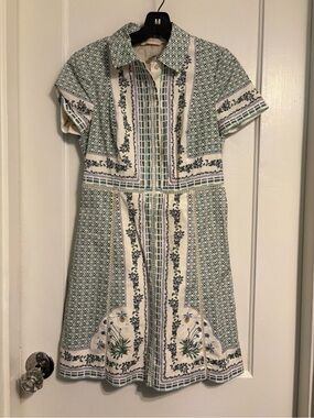 Tory Burch Green and White Printed Short-Sleeve Shirt Dress